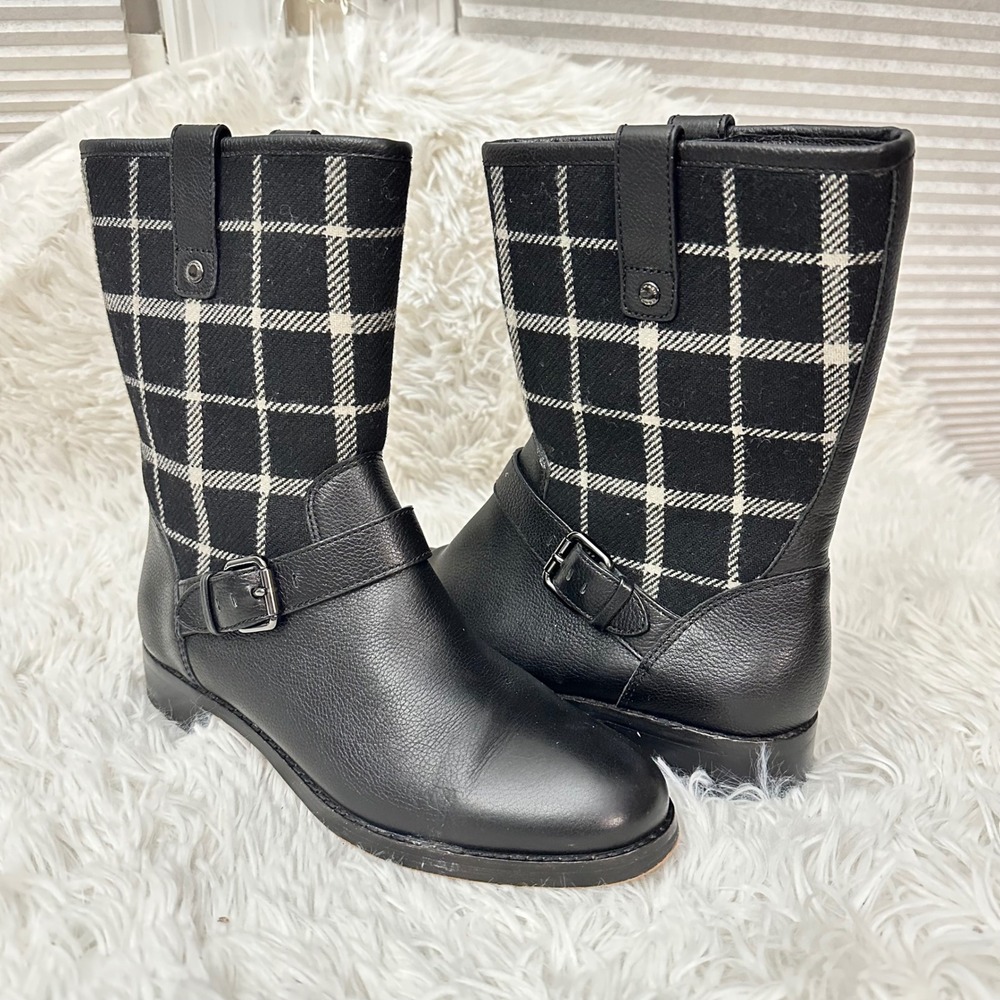 Coach Mackie Plaid Leather and Wool Boots Size 5.5 B Midcalf Side‎ zip